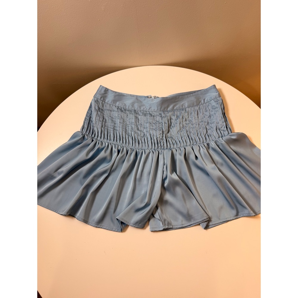 SHUG Ruffle Mini Shorts Women Medium Light Blue Excellent Smocked Satin Skort